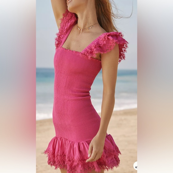 Peixoto 100% Rayon Fuchsia Lace Detail Top short Dress Size Medium. J-29 - Picture 2 of 16